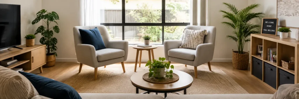 Cozy living room with two armchairs, wooden tables, plants, TV, and natural light from a large window.