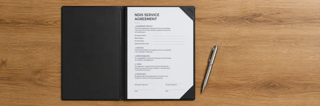 NDIS Service Agreement document in a black folder with a pen on a wooden surface, ready for signatures.