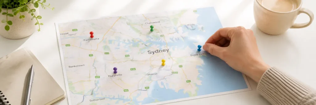 Hand placing a blue pushpin on Bondi Beach on a Sydney map